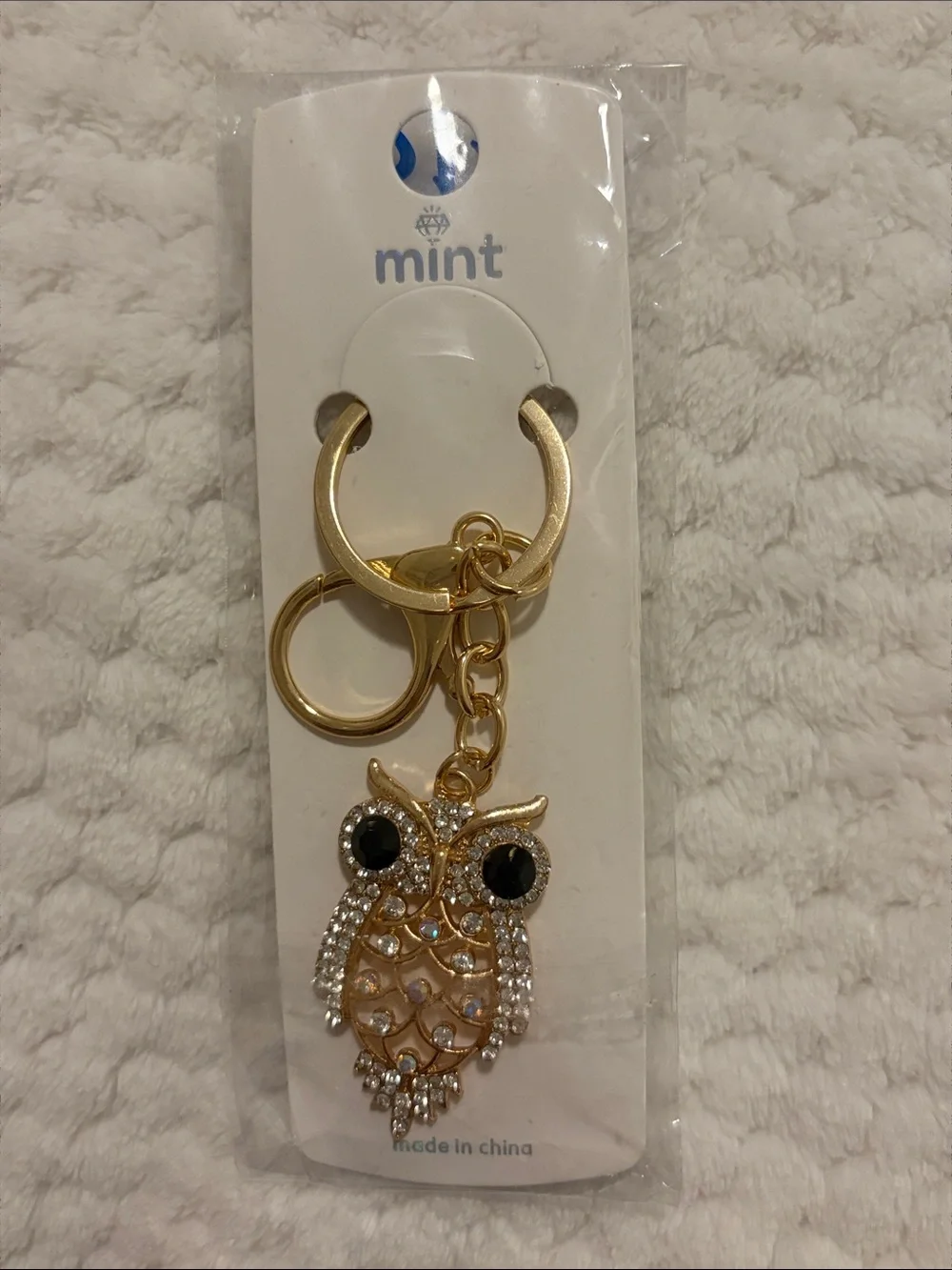 Gold Owl Keychain Pendant with Black Crystal Eyes